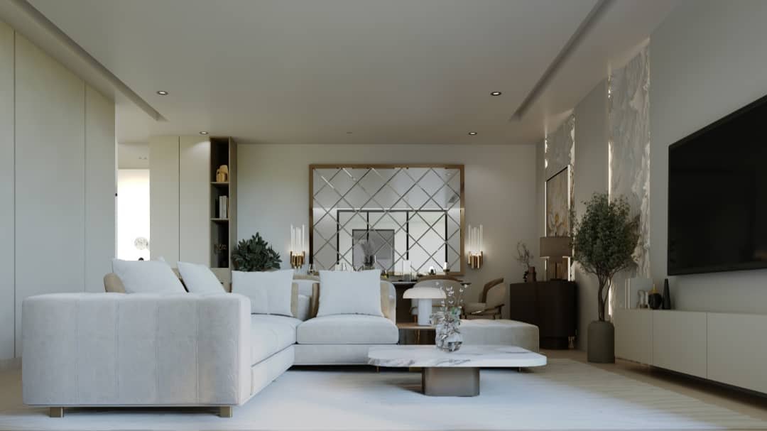 Light-filled living room with pale upholstery and a stone feature wall
